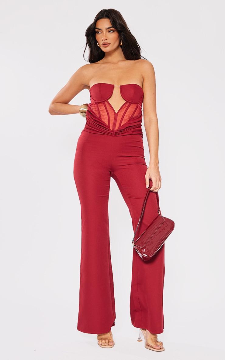 Cherry Red Satin Mesh Corset Panel Strapless Jumpsuit Product Image