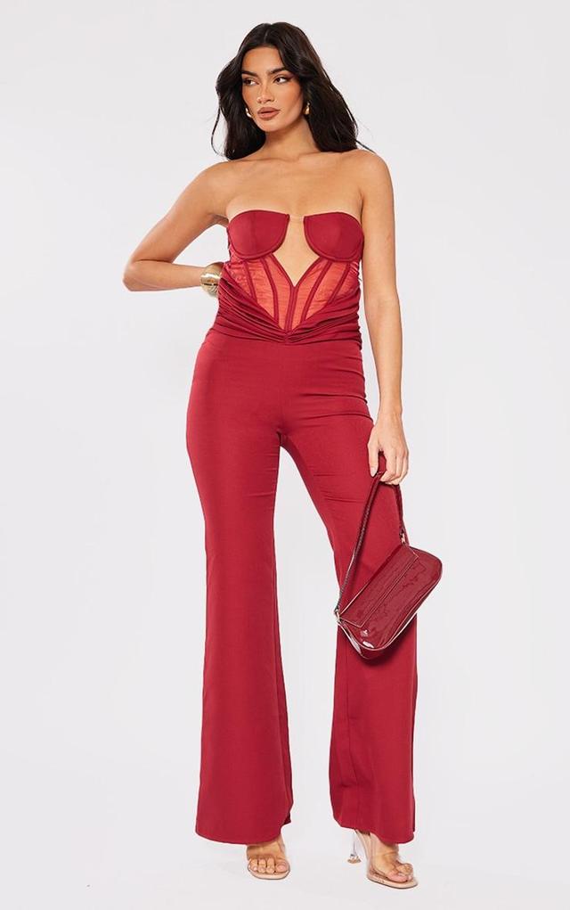 Cherry Red Satin Mesh Corset Panel Strapless Jumpsuit Product Image