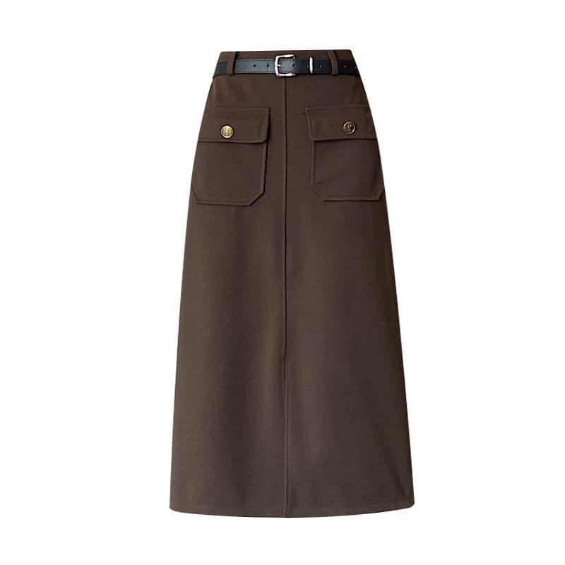 High Waist Plain Flap Pocket Midi A-Line Skirt Product Image