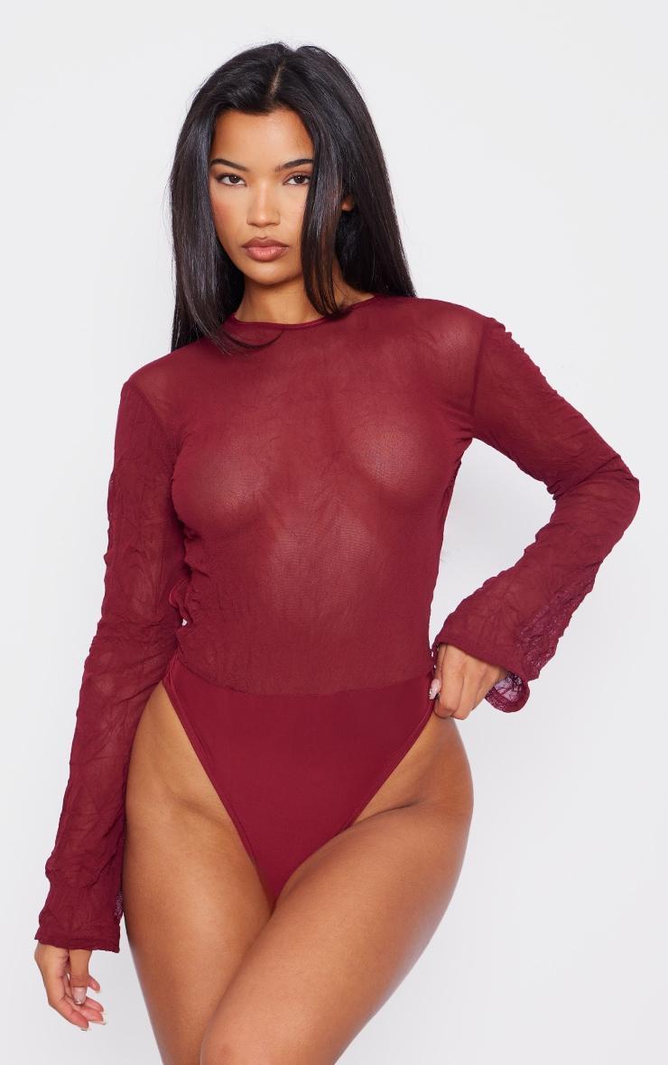 Red Textured Mesh Open Tie Back Detail Bodysuit Product Image