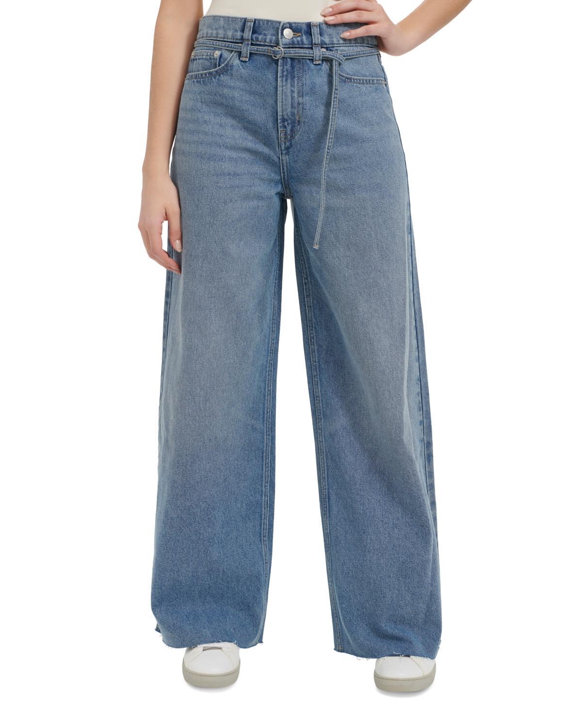 Women's Cut-Hem High-Rise Wide-Leg Belted Cotton Denim Jeans Product Image