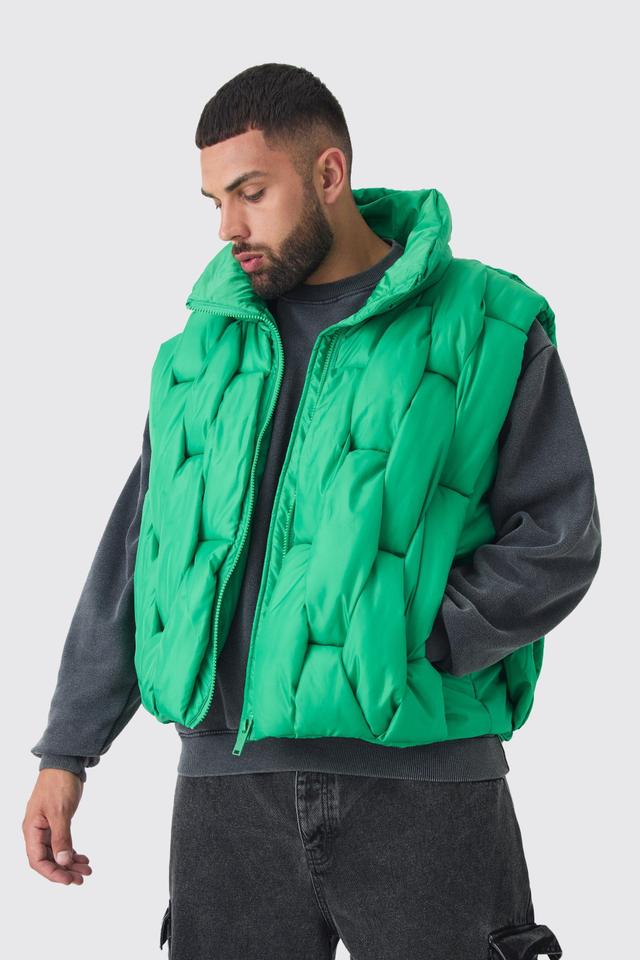 Plus Boxy Fit Hand Weft Padded Vest In Green | boohooMAN USA Product Image