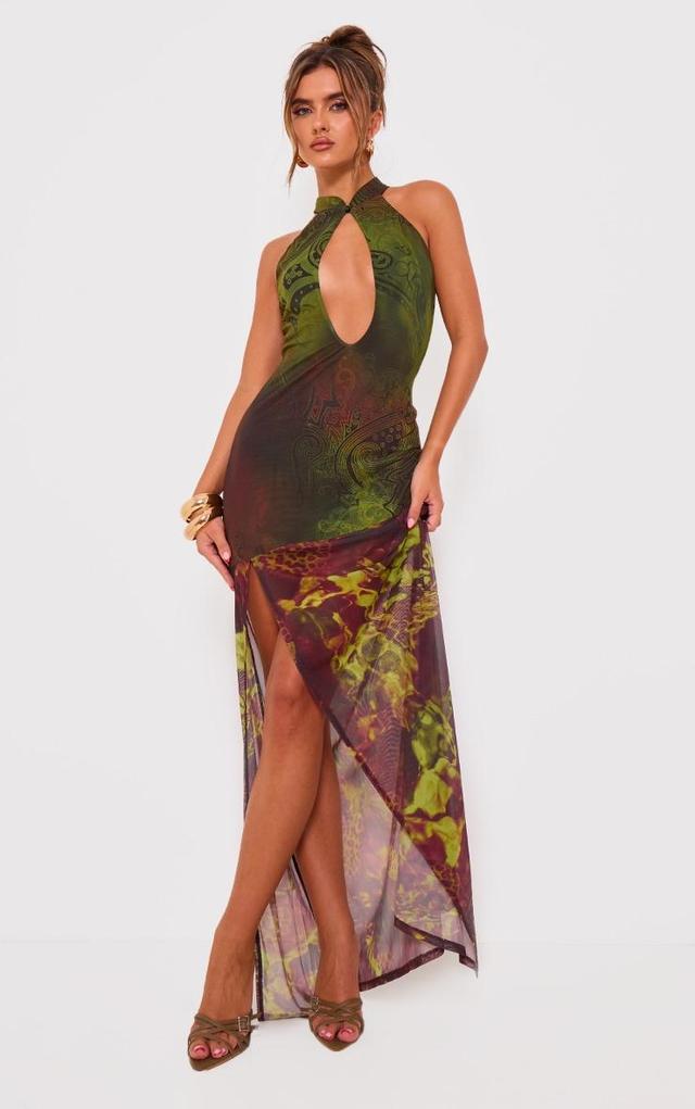 Green Print Mesh Extreme Cut Out Maxi Dress Product Image