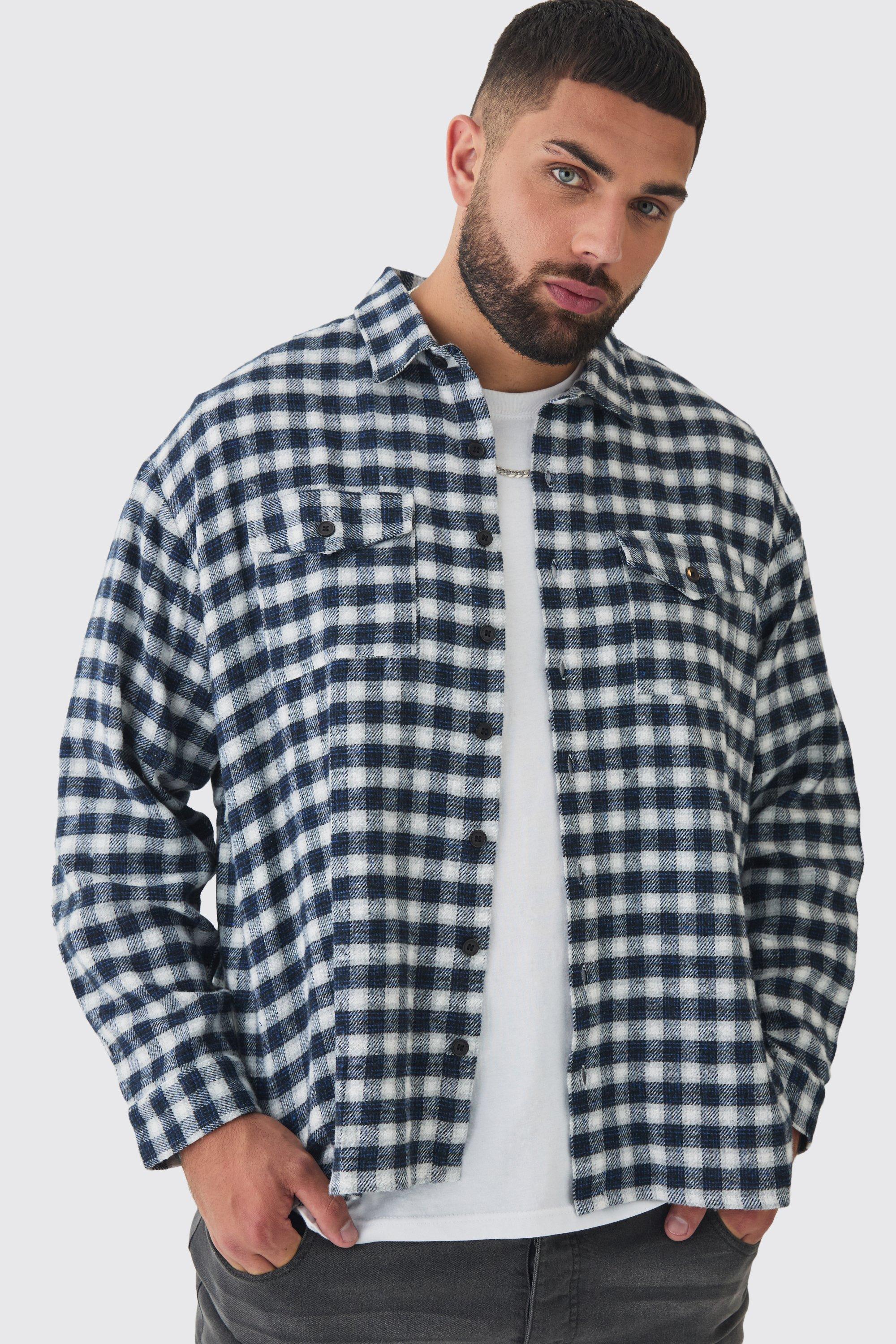 Mens Navy Plus Regular Fit Brushed Plaid Shirt, Navy Product Image