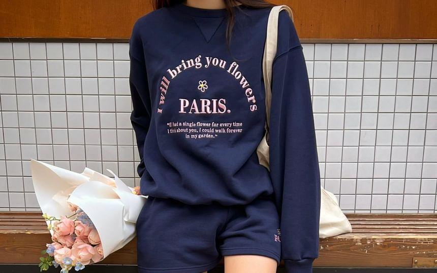 Round Neck Lettering Embroidered Sweatshirt / Elastic Waist Sweat Shorts Product Image