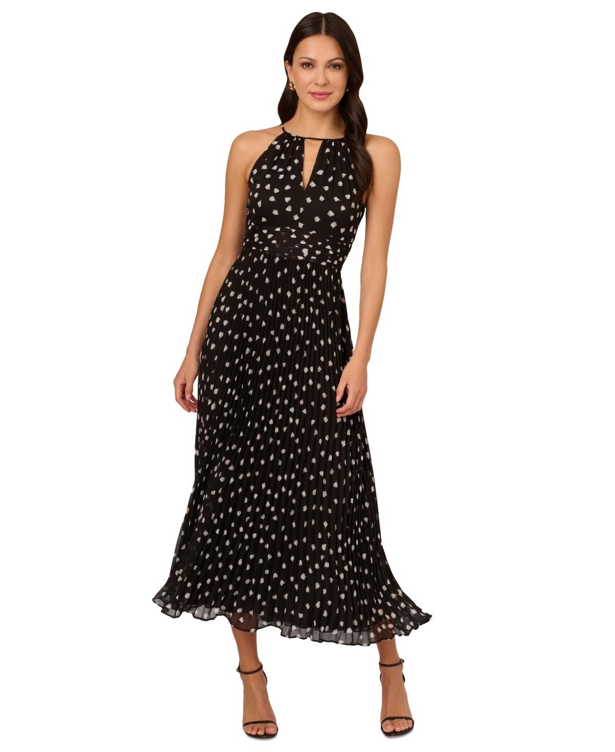 Adrianna Papell Womens Dot-Print Pleated Midi Dress - Black Product Image