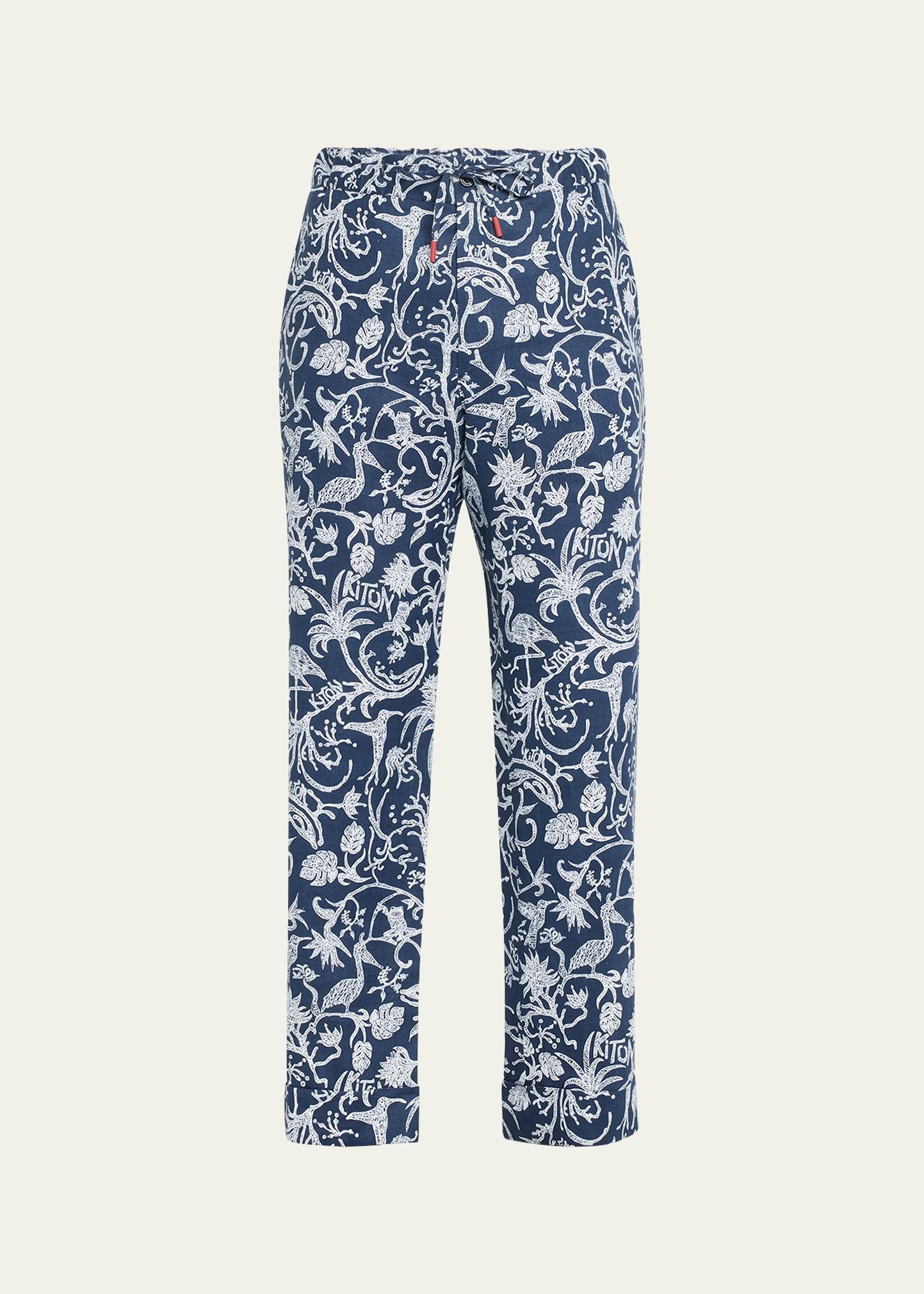 Mens Printed Linen Relaxed-Fit Pull-On Pants Product Image