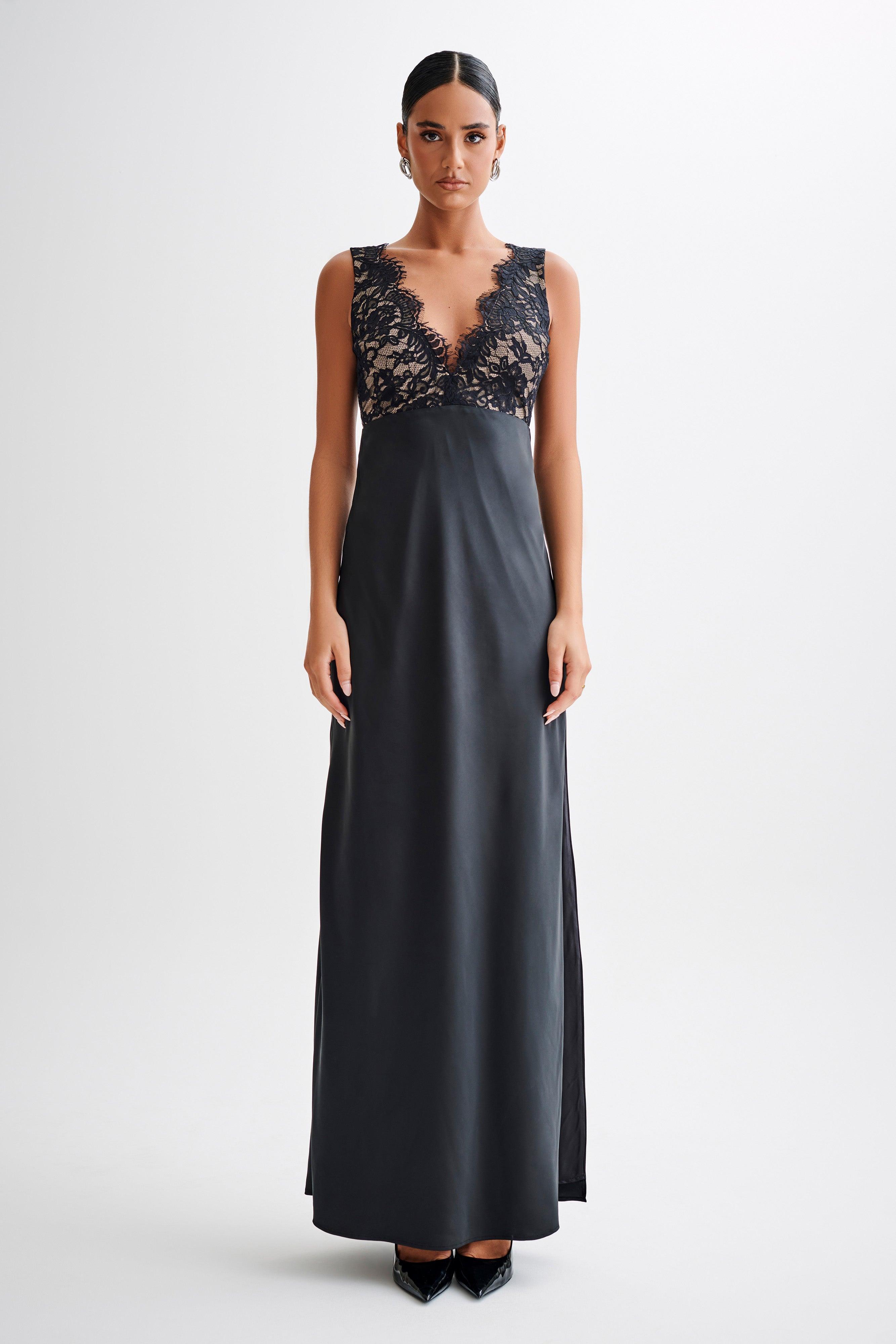 Ricci Satin And Lace Maxi Dress - Black Product Image