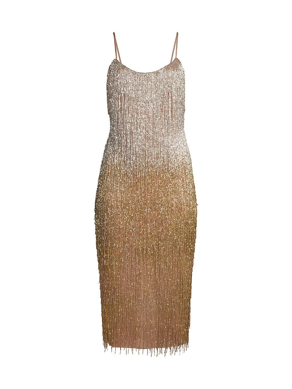 Sleeveless Ombre Bead-Fringe Midi Dress Product Image