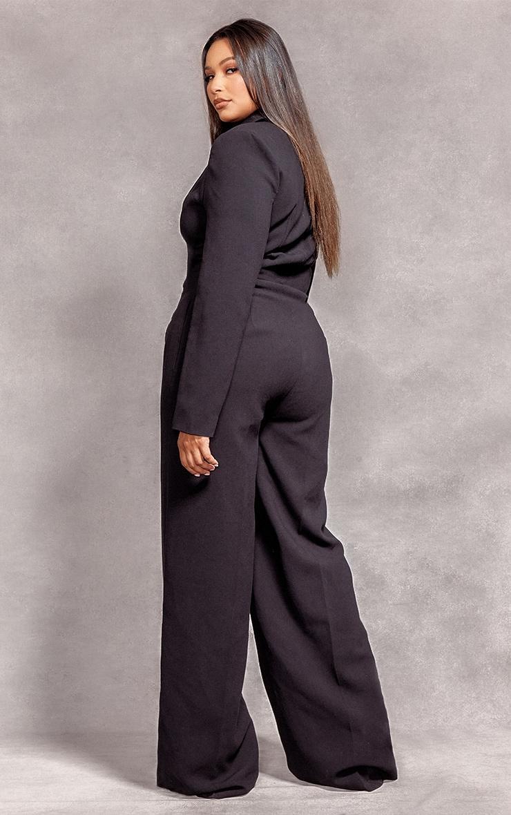 Plus Black Tailored Satin Lapel Straight Leg Jumpsuit Product Image