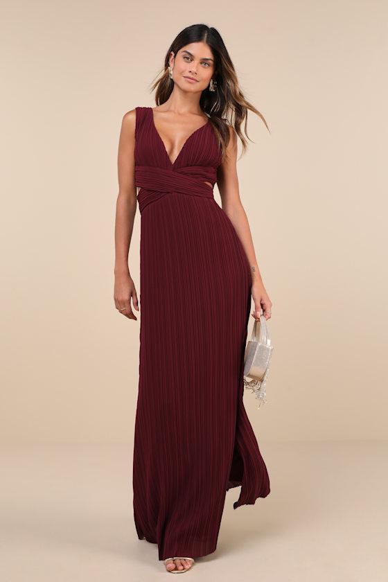 Compelling Poise Burgundy Plisse Cutout Sleeveless Maxi Dress Product Image