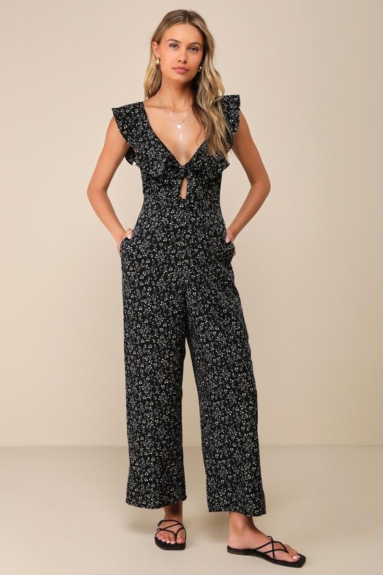 Flawless Life Black Floral Ruffled Cutout Cropped Jumpsuit Product Image