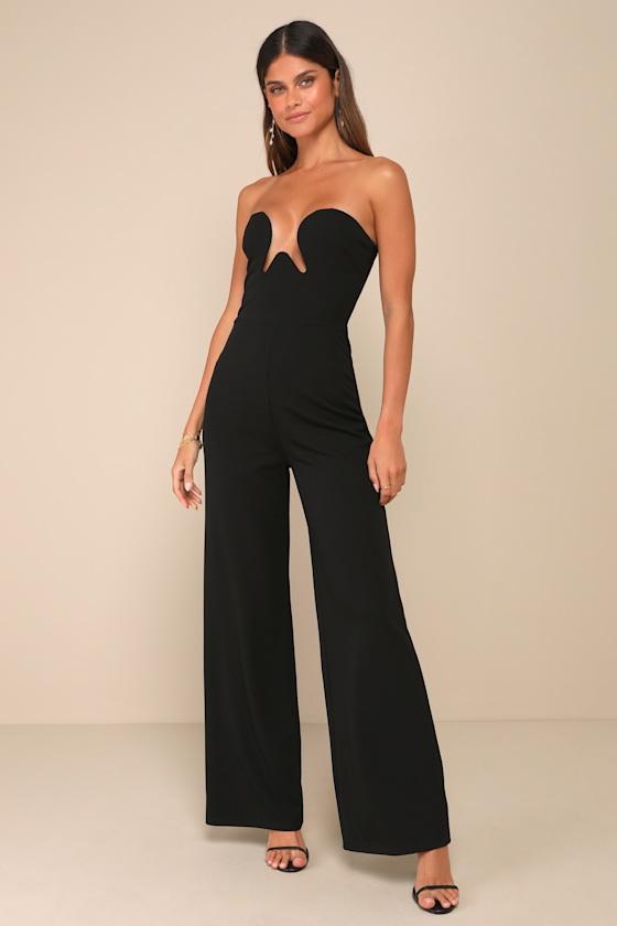 Sultry Composure Black Strapless Wide-Leg Cutout Front Jumpsuit Product Image