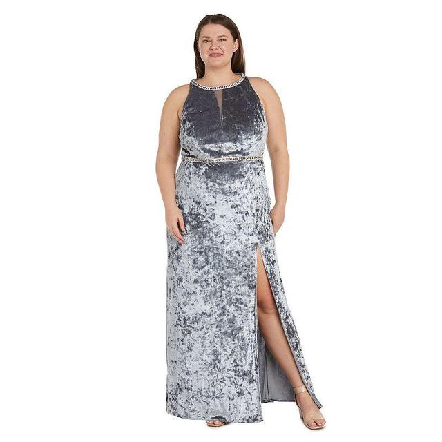 Plus Size R&M Richards Split Neck Belted Side Slit Velvet Maxi Evening Dress, Womens Med Grey Product Image