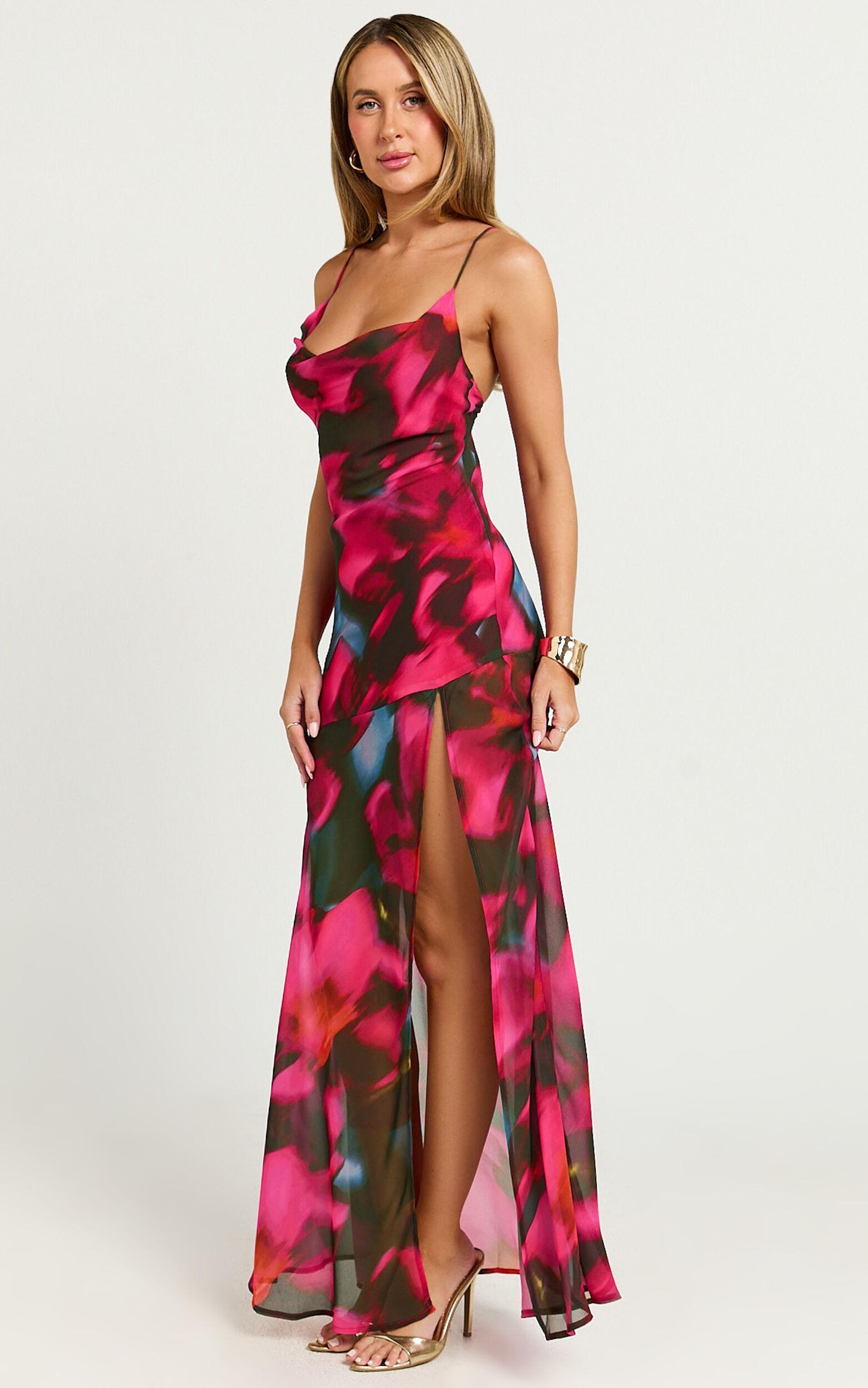 Talia Maxi Dress - Cowl Neck Low Back Dress in Hyper Tropical Print Product Image