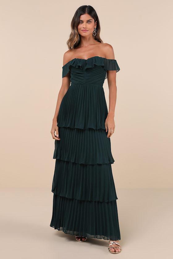 Always Remarkable Emerald Pleated Off-the-Shoulder Maxi Dress Product Image