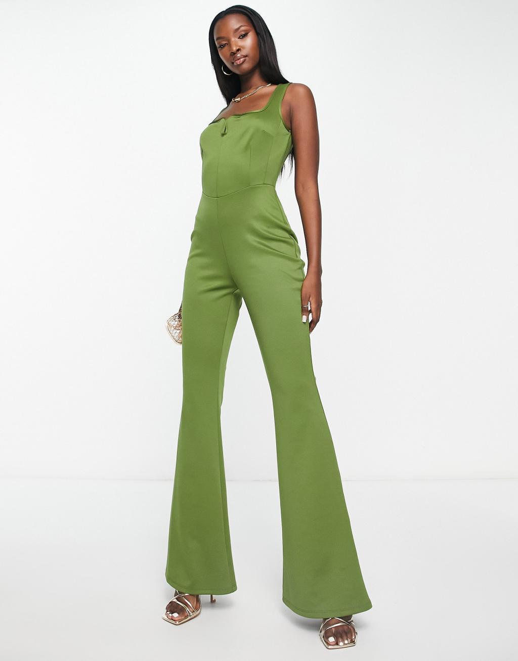 ASOS DESIGN jersey corset detail jumpsuit with flare leg in khaki Product Image