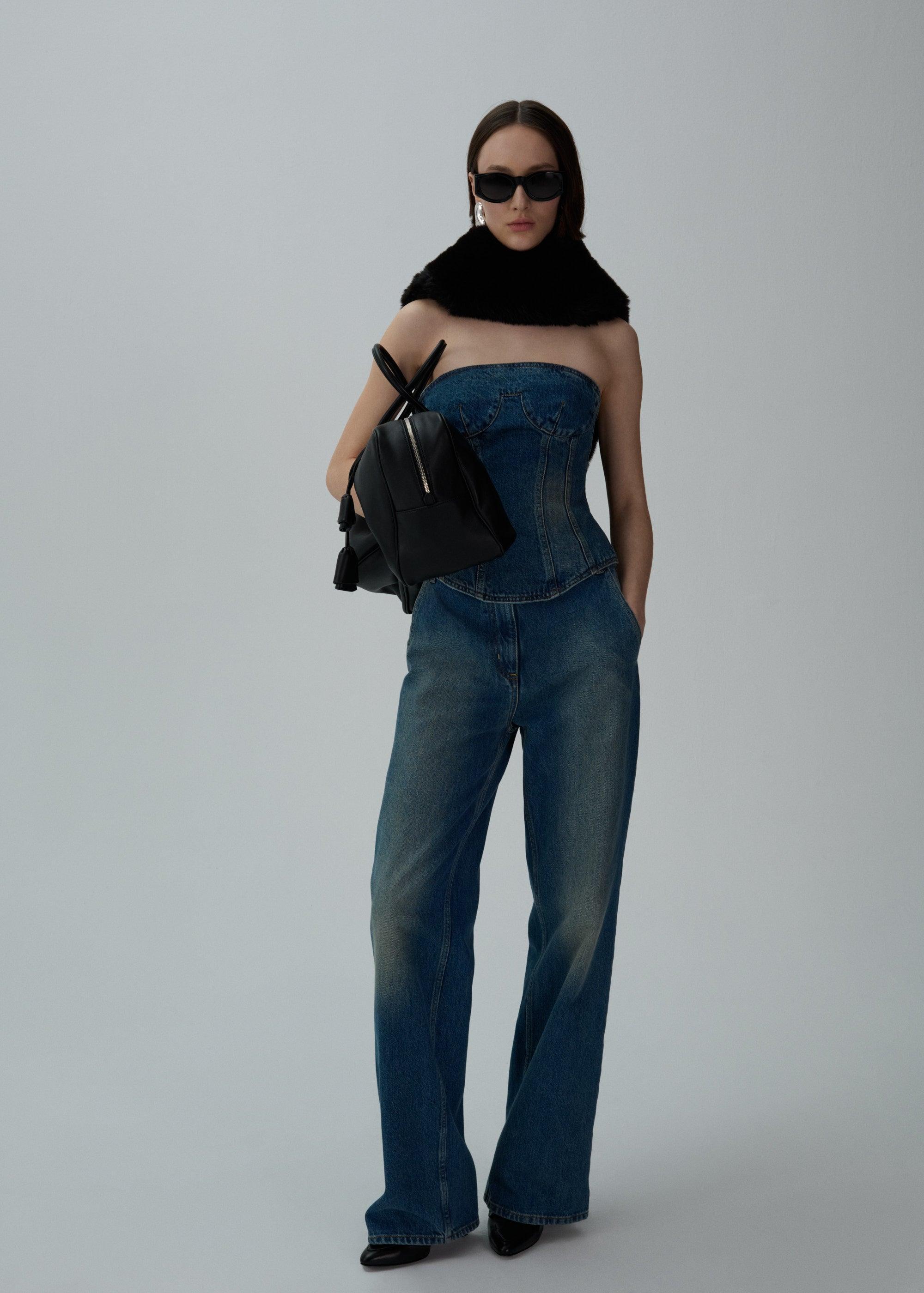 Wide-leg denim pants in washed blue product image