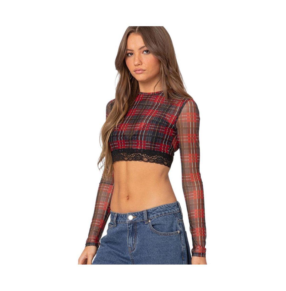 EDIKTED Noel Plaid Lace Trim Semisheer Mesh Crop Top Product Image