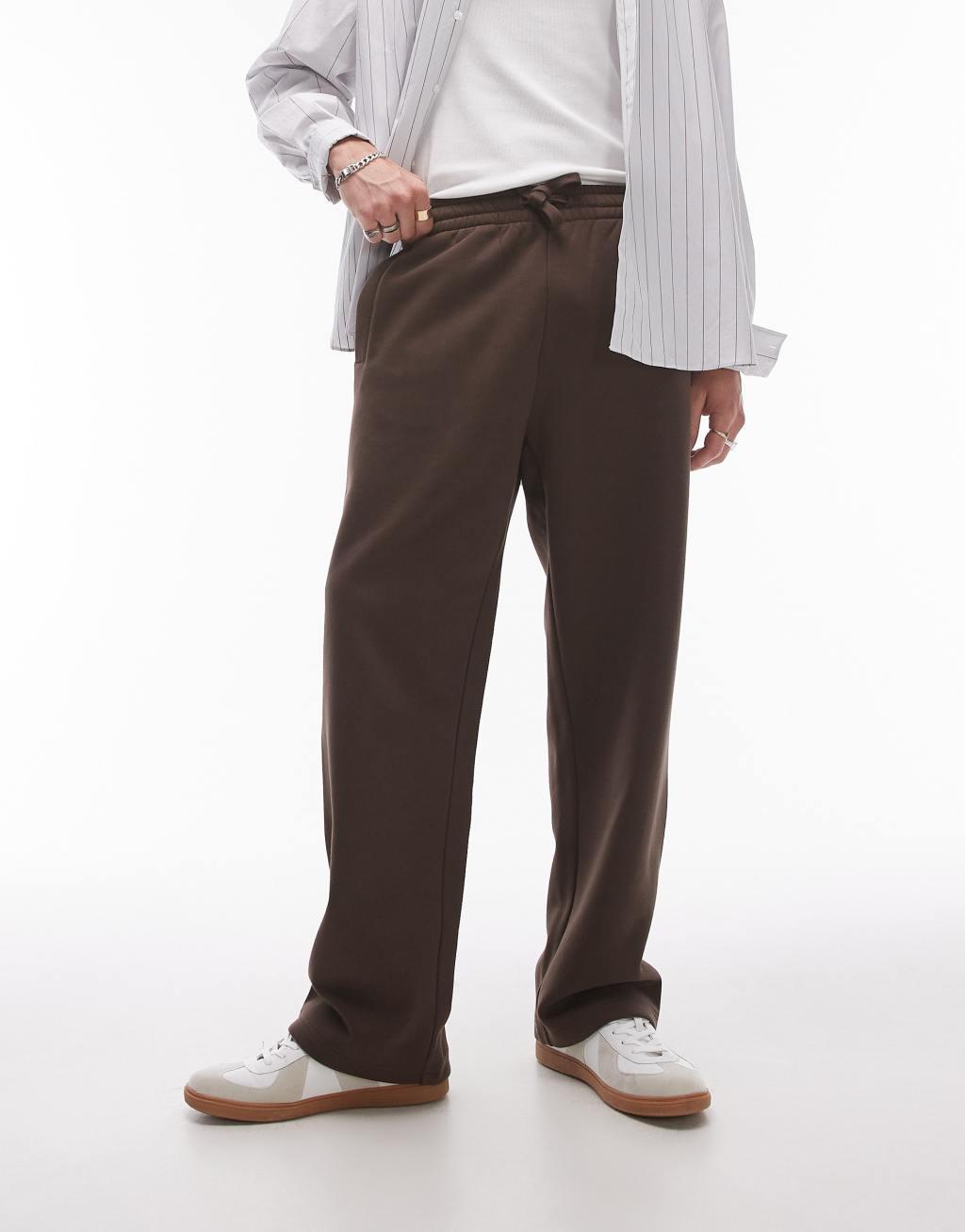 Topman premium heavyweight straight leg sweatpants in brown Product Image