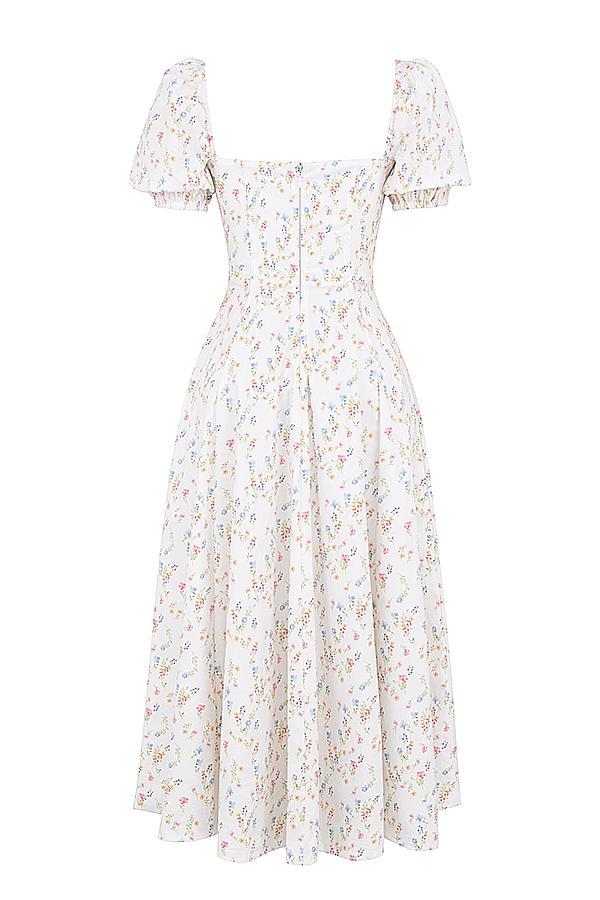 Tallulah White Posy Print Cotton Puff Sleeve Midi Sundress Product Image