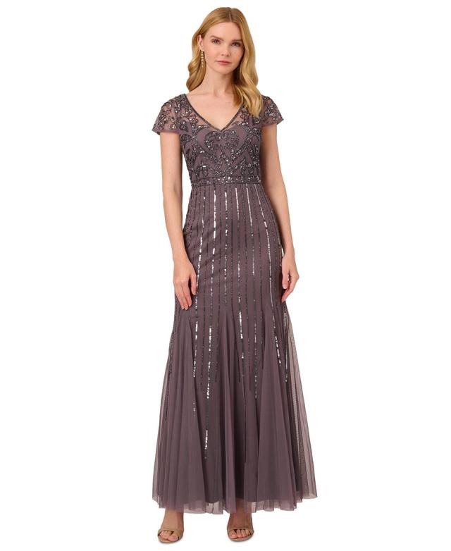 Adrianna Papell Womens Embellished V-Neck Godet Gown Product Image