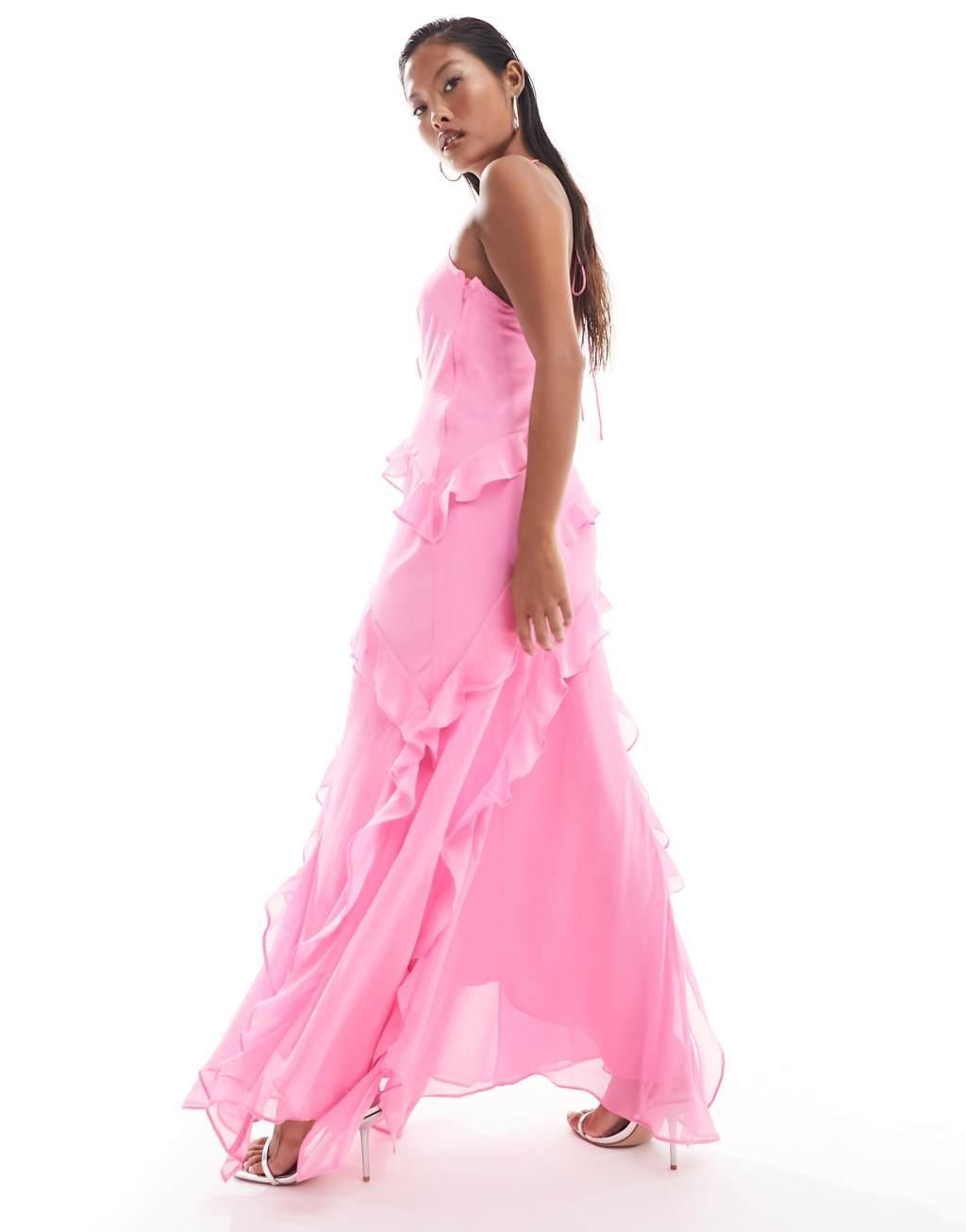 Ever New Petite ruffle halterneck maxi dress in pink Product Image