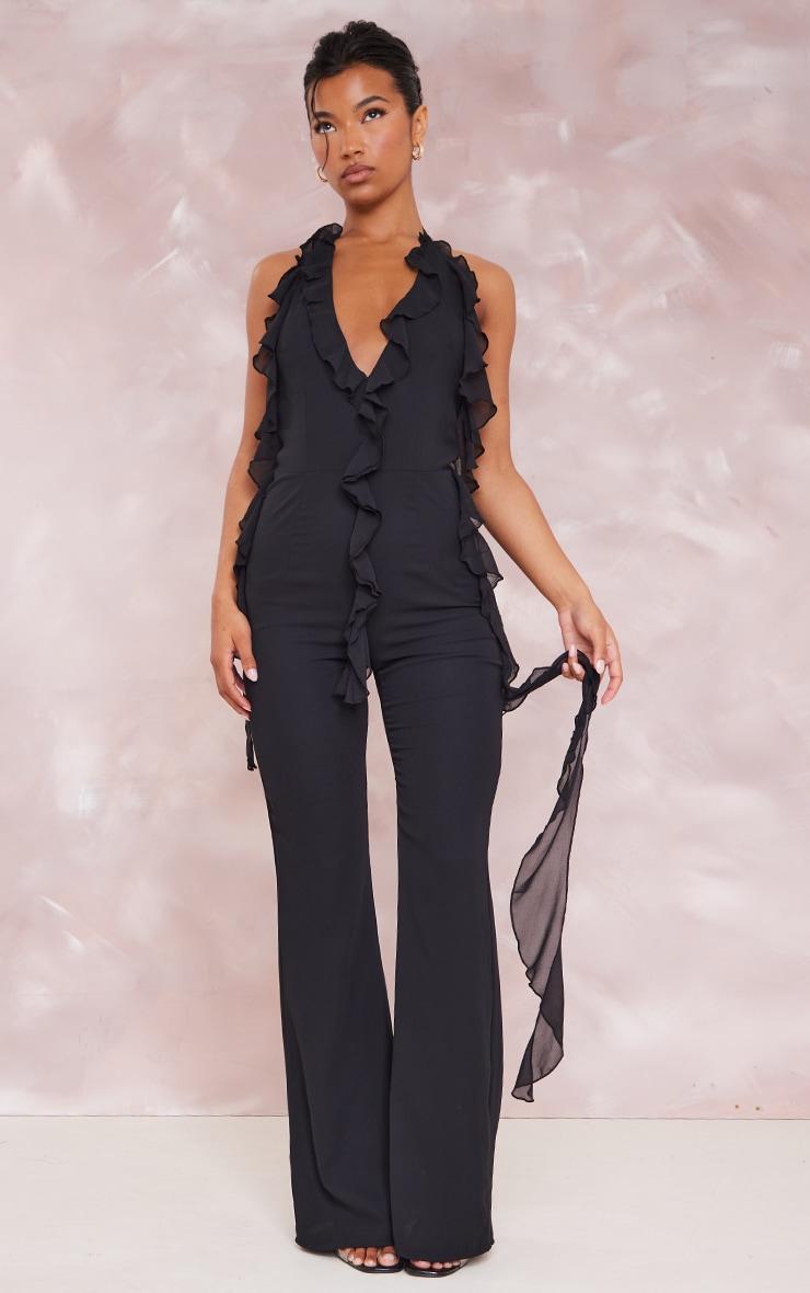 Black Chiffon Plunge Extreme Frill Detail Jumpsuit Product Image