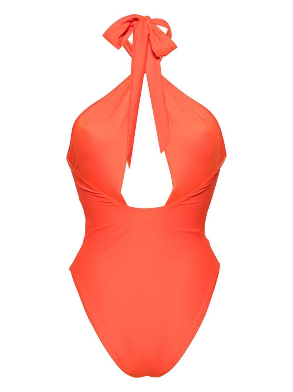 Bow-detail Halterneck Swimsuit In Orange Product Image