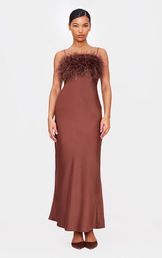 Chocolate Satin Feather Bust Detail Maxi Dress Product Image