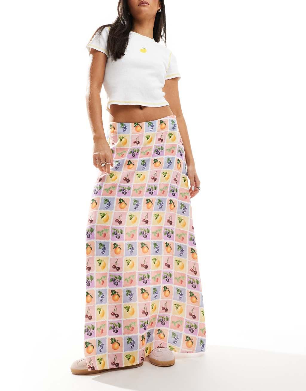 ASOS DESIGN linen mix maxi skirt in tile fruit print Product Image