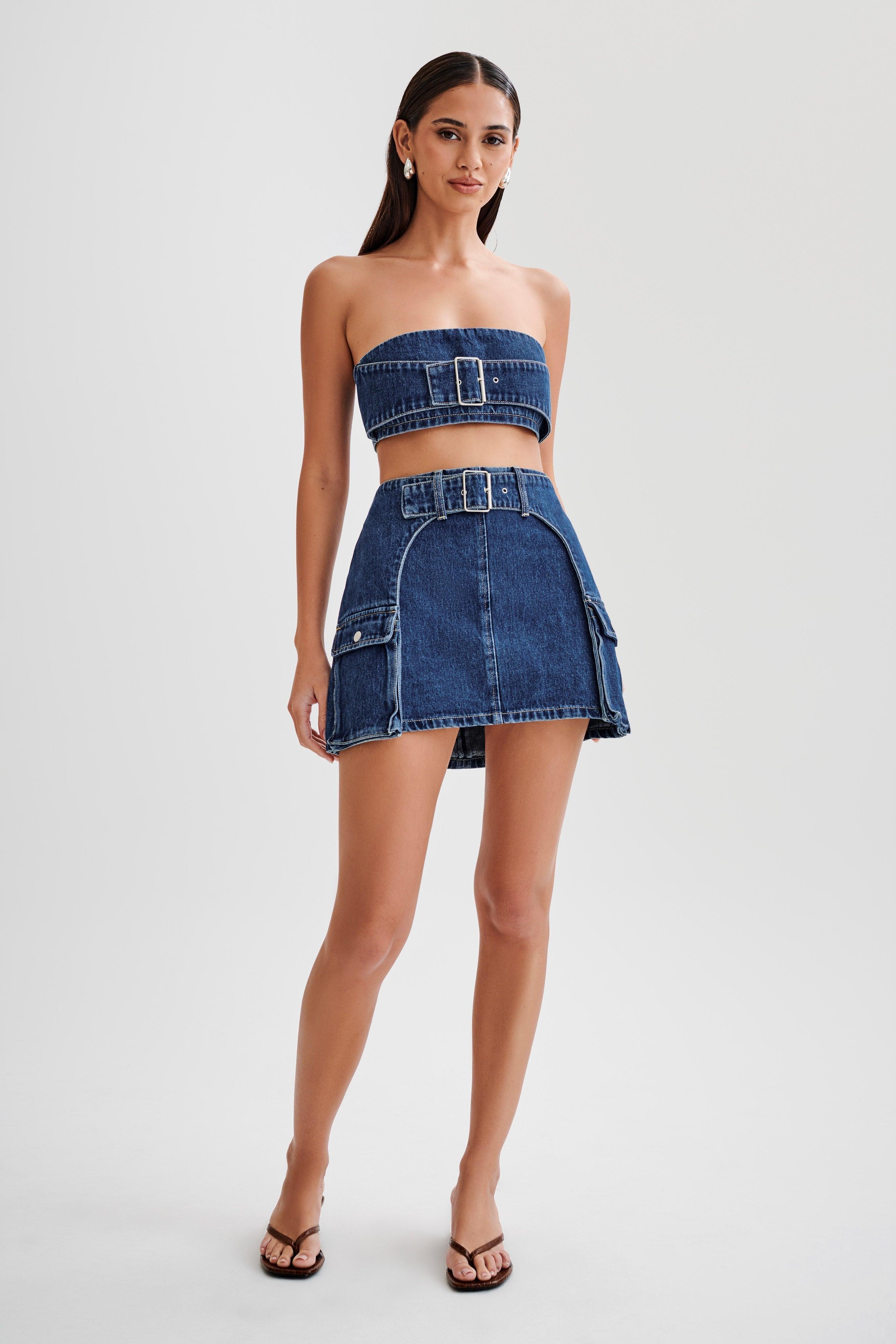 Rowena Denim Buckle Mini Skirt - Dark Blue Product Image