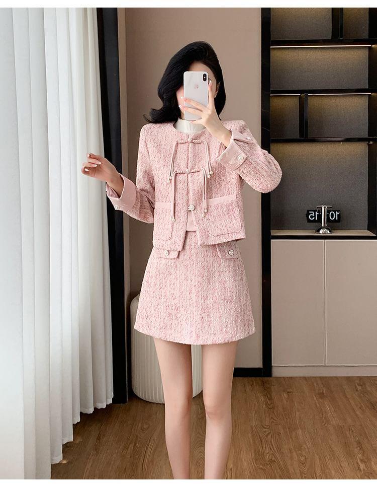 Set: Tweed Frog Buttoned Jacket + High Waist Mini A-Line Skirt Product Image