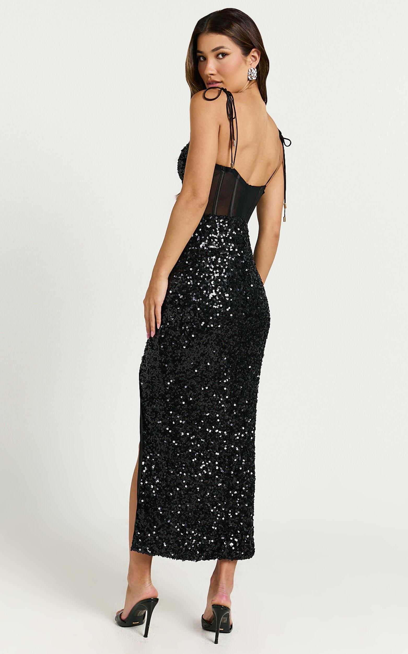 Juliet Midi Dress - Sequin Bustier Shoulder Tie Thigh Split Dress in Black Product Image