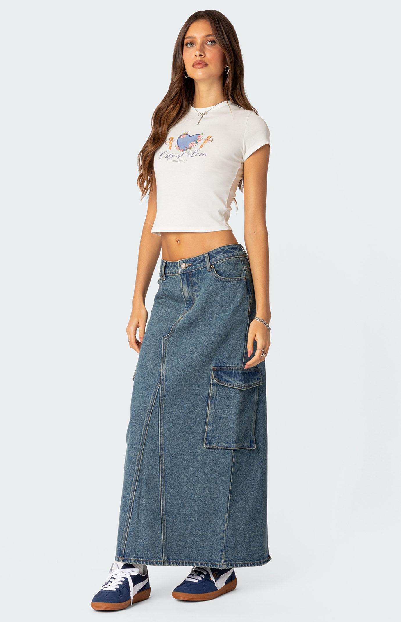 Edikted Womens Slitted Cargo Denim Maxi Skirt Product Image