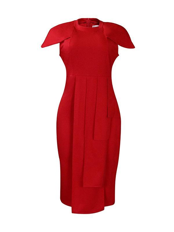 Short Sleeves Skinny Pleated Solid Color Split-Back Split-Front Split-Joint Round-Neck Midi Dresses Product Image