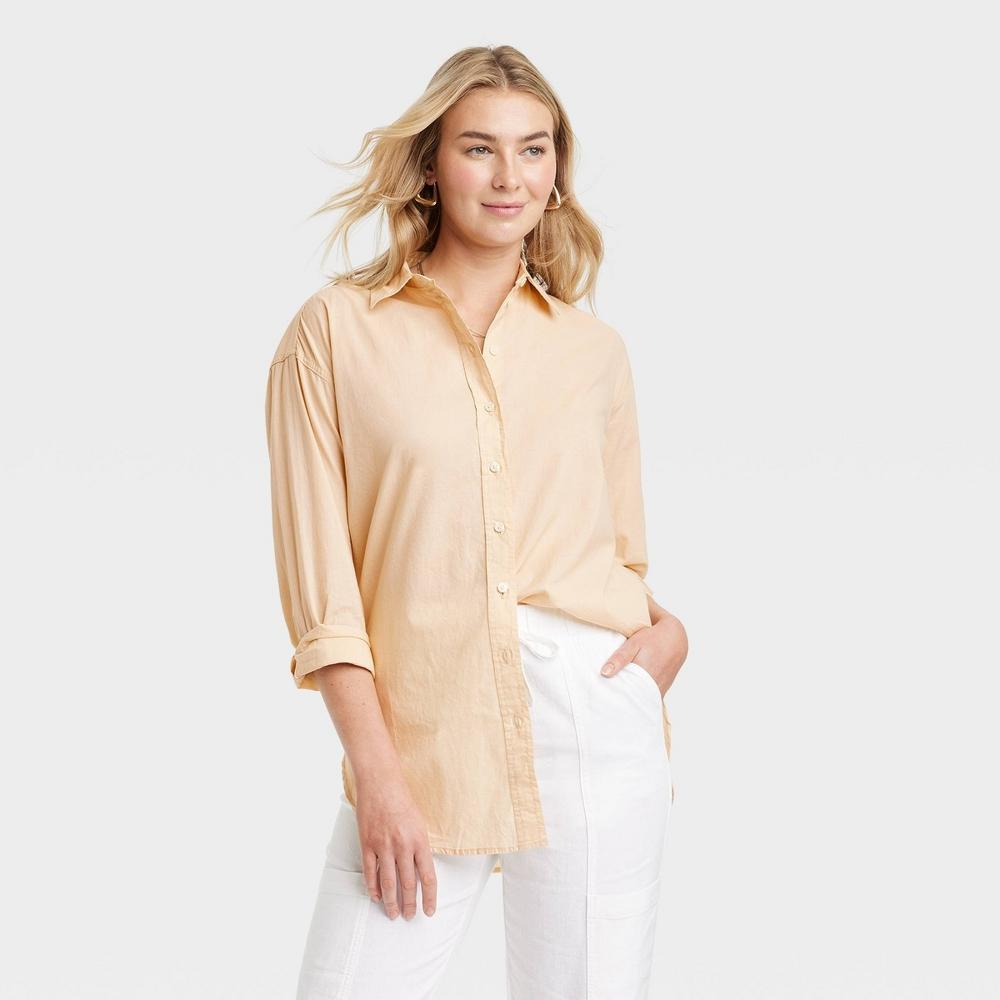 Womens Tunic Long Sleeve Collared Button-Down Shirt - Universal Thread Tan M Product Image