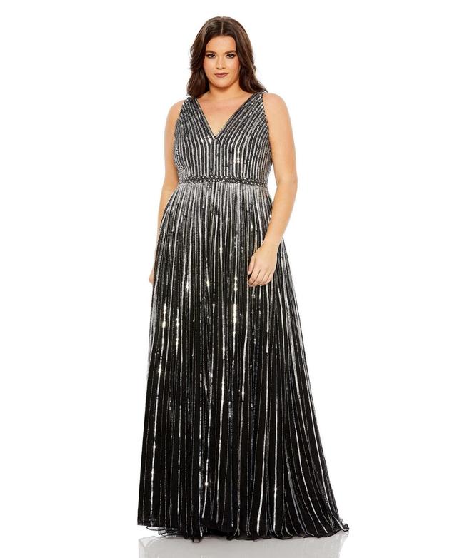 Mac Duggal Sequin Stripe Sleeveless A-Line Gown Product Image