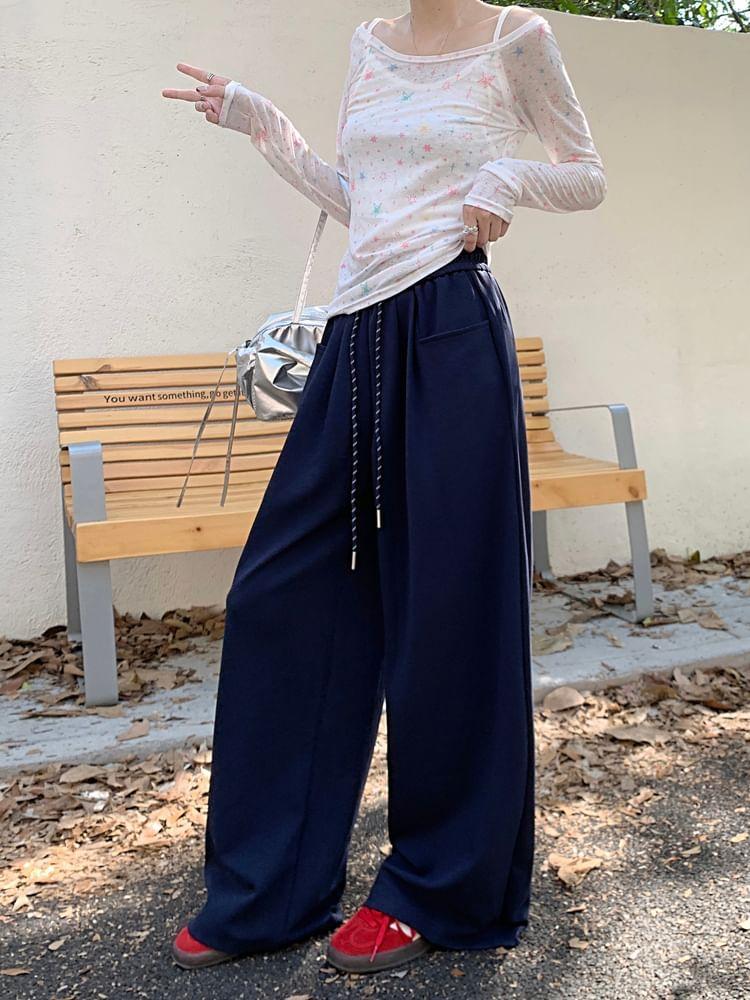 Drawstring Waist Plain Wide Leg Sweatpants Product Image