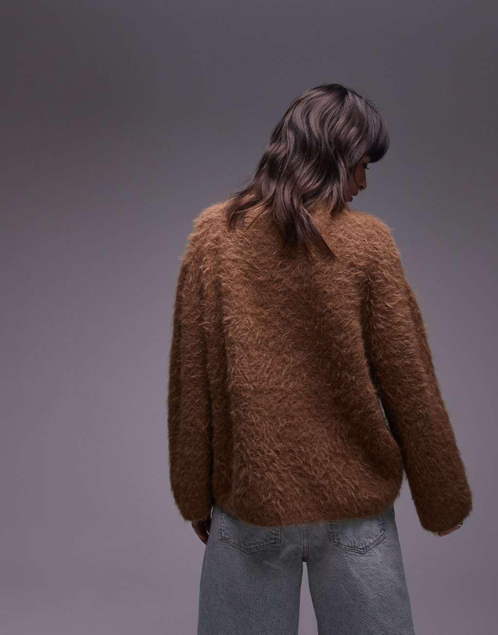 Topshop knitted ultra fluffy oversized sweater in toffee Product Image