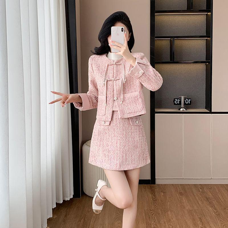 Set: Tweed Frog Buttoned Jacket + High Waist Mini A-Line Skirt Product Image