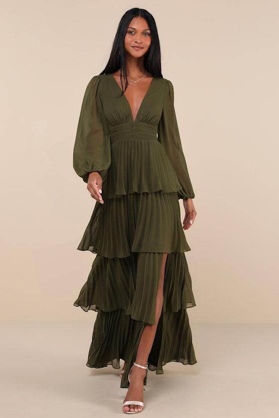 Graceful Finesse Olive Green Pleated Long Sleeve Maxi Dress Product Image