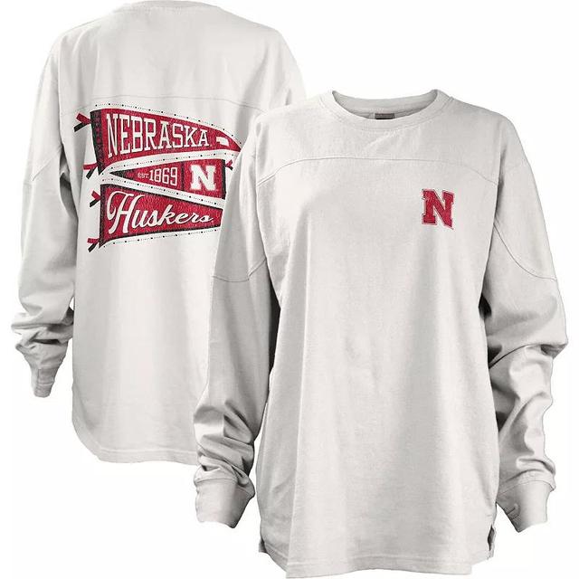 Womens Pressbox White Nebraska Huskers Pennant Stack Oversized Long Sleeve T-shirt Product Image