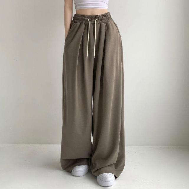 Drawstring Waist Plain Fleece-Lined Wide Leg Sweatpants Product Image