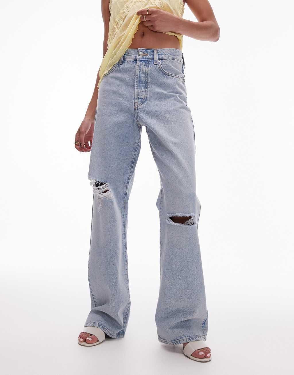 Topshop mid rise Column jeans with rips in vintage blue product image