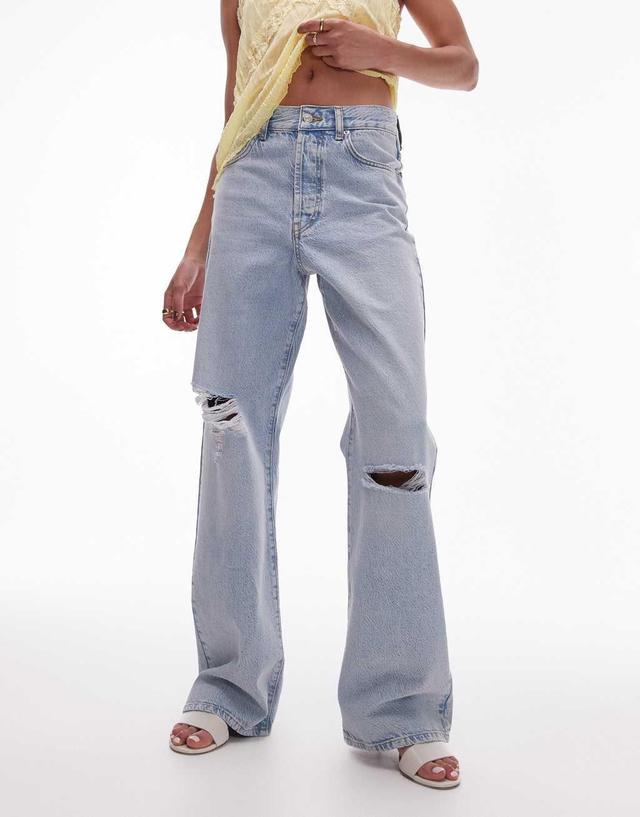 Topshop mid rise Column jeans with rips in vintage blue Product Image