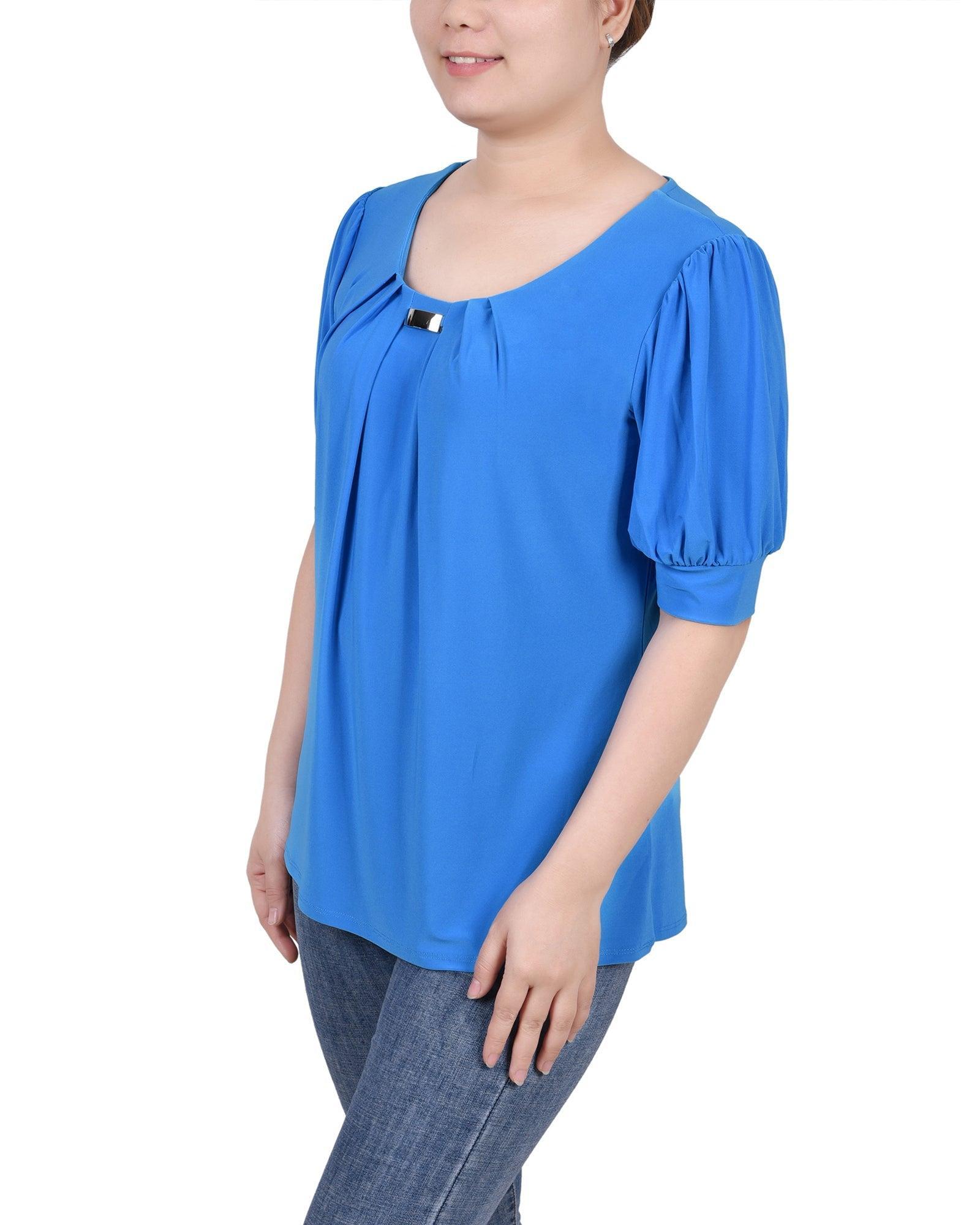 Short Sleeve Balloon Sleeve Top With Hardware - Petite Product Image