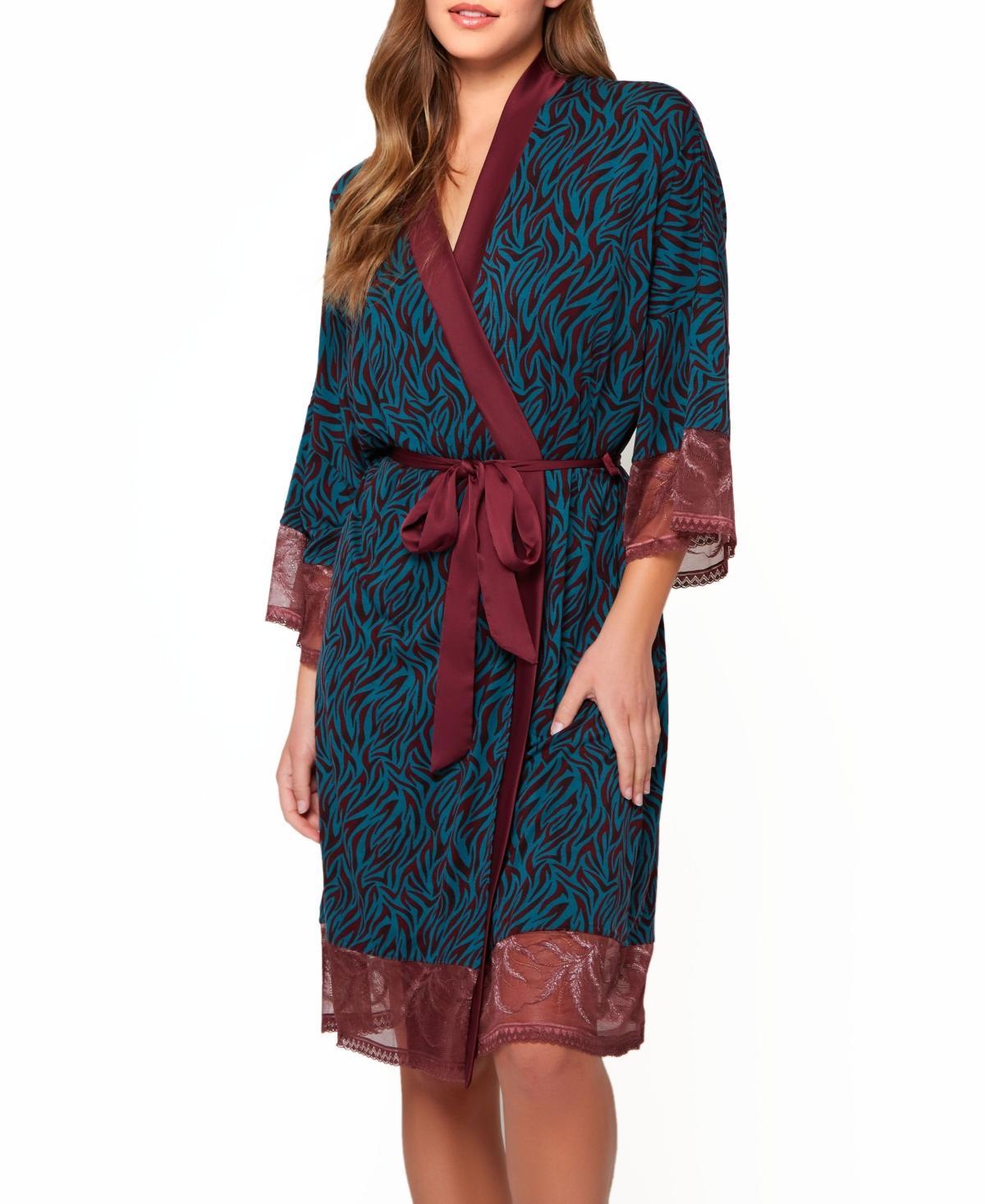 Womens Zebra Patterned Robe with Lace Detail and Removable Waist Tie - Teal-Burgundy Product Image