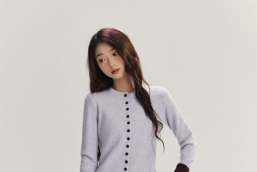 Crew Neck Two Tone Button-Up Cardigan Product Image