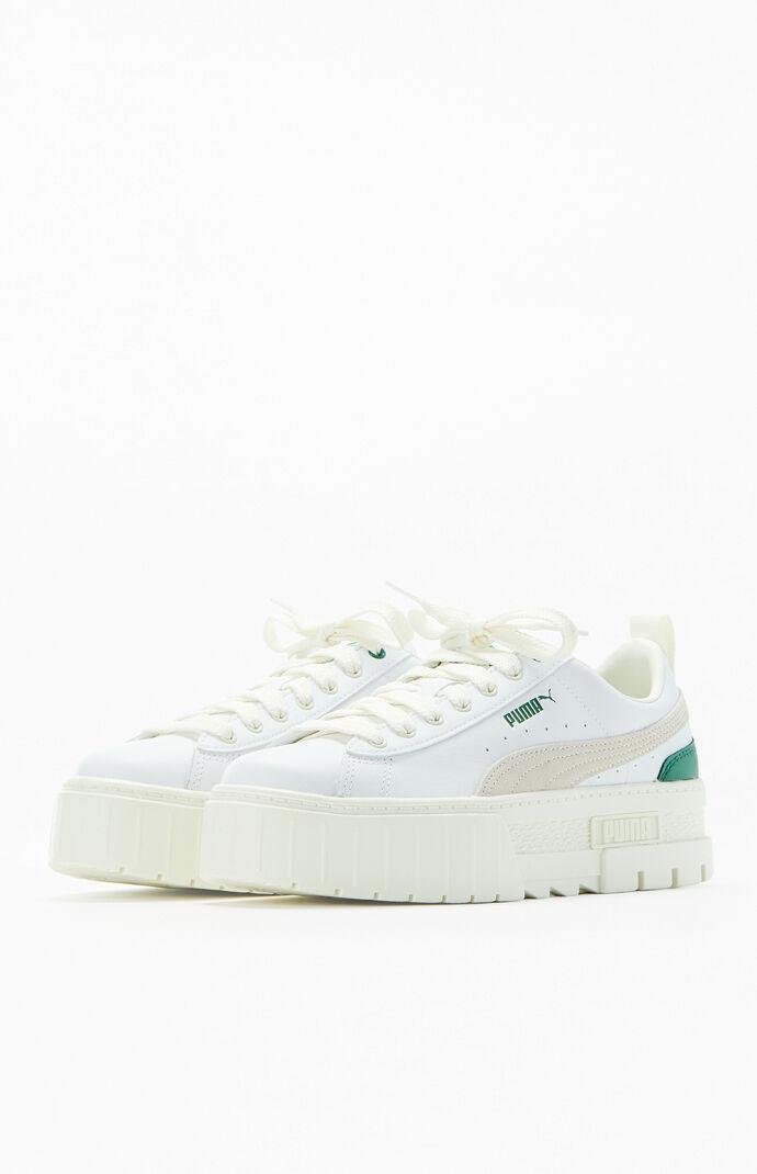 Puma Women's White & Green Mayze Leather Sneakers in White/Green - Product Image